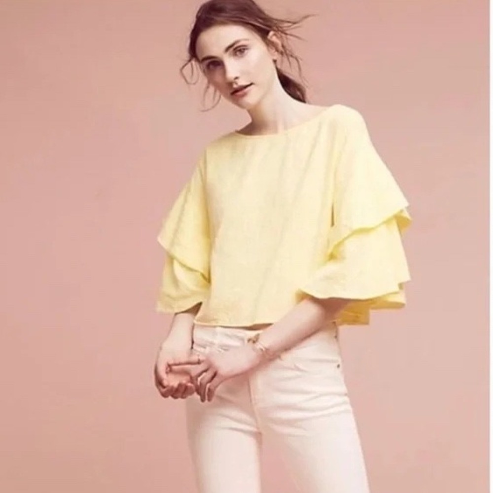Anthropologie Lilka Lora Top L‎ Yellow Ruffle Tiered Sleeve Button Back Blouse